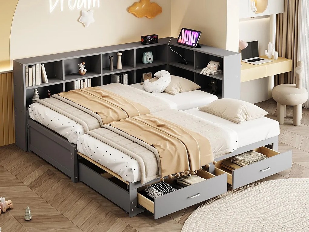 Kanapa rozkładana z litego drewna 90x190 cm - z łóżkiem wysuwanym - z przegródką do przechowywania - z 2 szufladami - szary