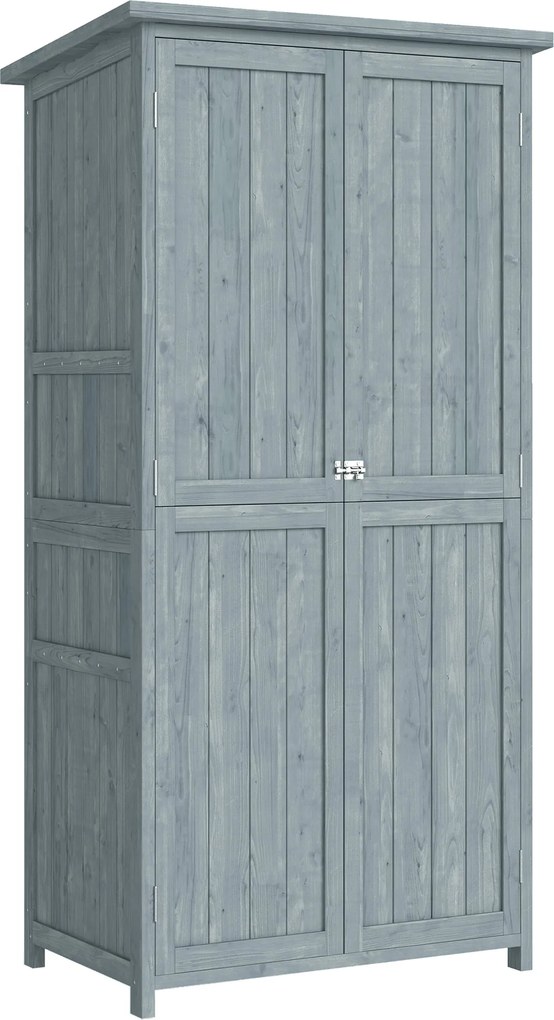 Outsunny Szafka ogrodowa z drewna odporna na warunki atmosferyczne, domek na narzędzia z podwójnymi drzwiami, magnetycznym zamknięciem, na taras, 85 x 54 x 170 cm, szary | Aosom PL