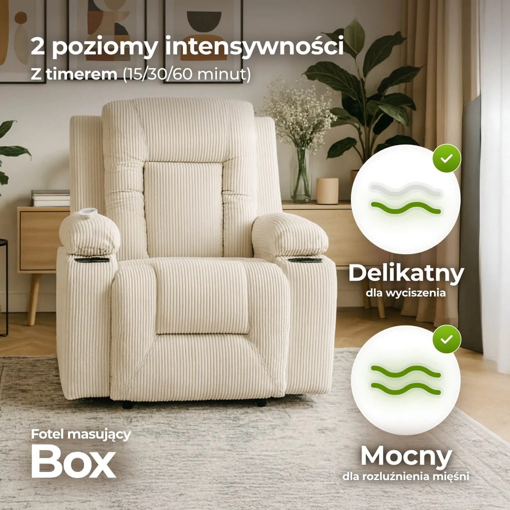 Fotel Masujący BOX Rozkładany Wypoczynkowy z Podnóżkiem Beżowy Sztruksowy Nowoczesny