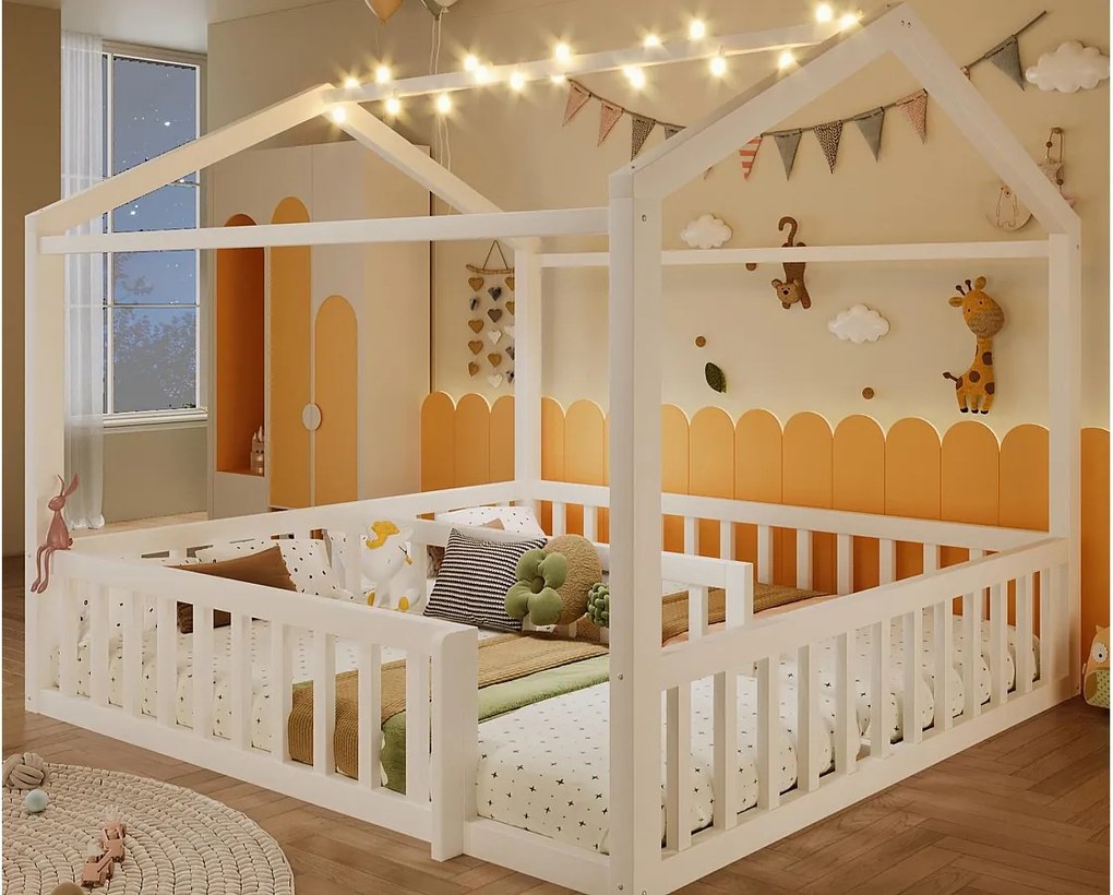 Łóżko domkowe dziecięce 180x190 cm - z barierkami bezpieczeństwa - z oświetleniem LED - biały​ (materac nie jest wliczony w cenę)