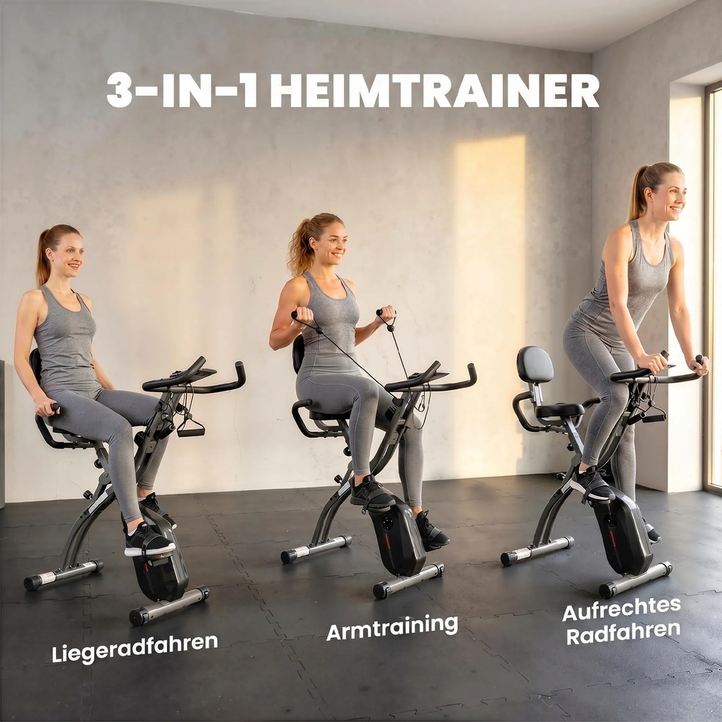 SPORTNOW Rower treningowy 3 w 1 Składany Cichy Leżący ergometr z monitorem LCD Bluetooth Czujnik tętna Taśmy oporowe | Aosom PL