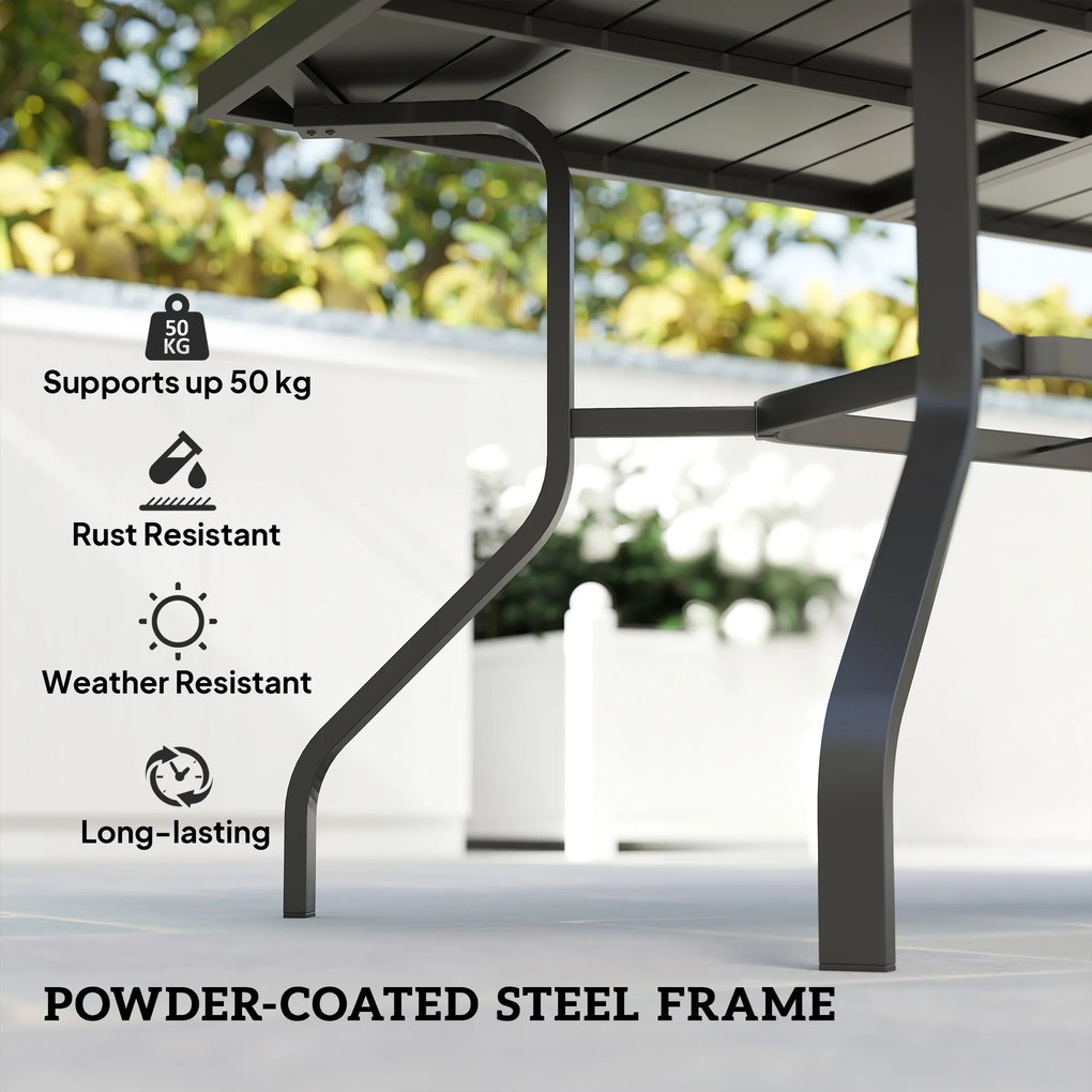 Outsunny Stół Ogrodowy 152x90 cm, Stół Balkonowy Odporny na Warunki Pogodowe, z Otworem na Parasol, Design z Lamelami, Czarny