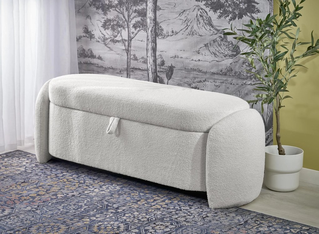 Ławka, Pufa FICARIA z pojemnikiem w kolorze kremowym, tkanina boucle, 150x40x47 cm