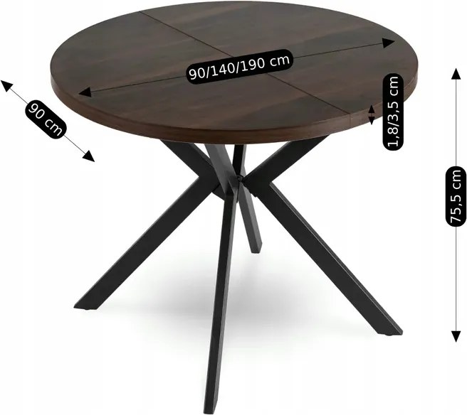 Stół Okrągły Rozkładany LUGO 90-190 cm Orzech/Czarny Loft