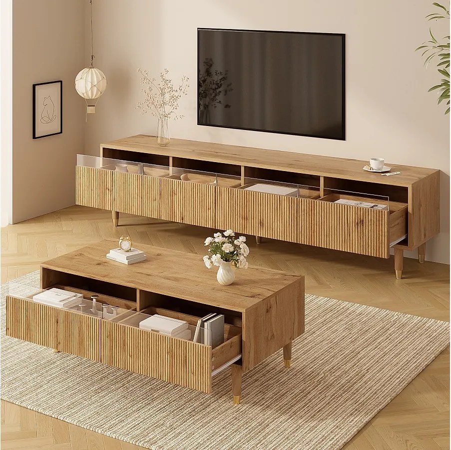 Zestaw szafek RTV z 4 szufladami + stolik kawowy z 2 szufladami - z diodami LED - MDF - naturalny