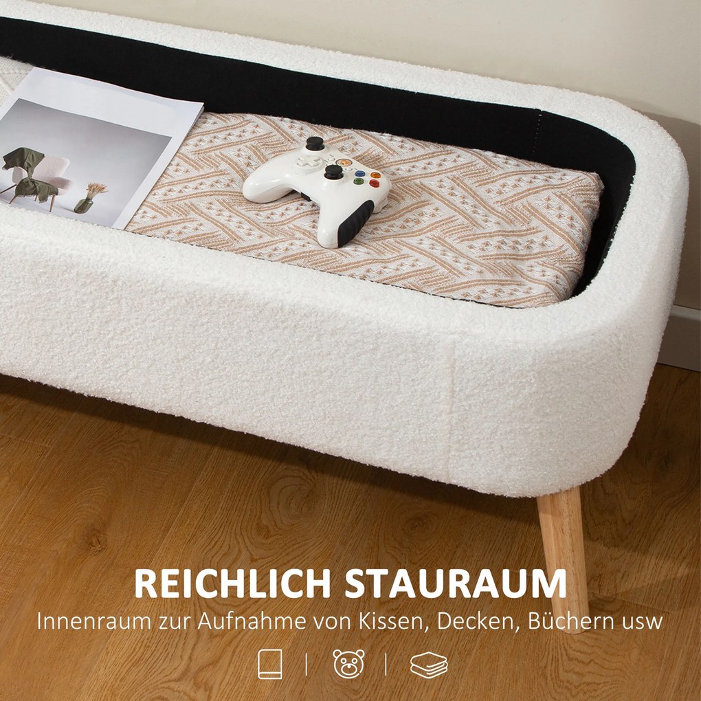 HOMCOM Pufa do przechowywania, siedzisko z 65 L przestrzeni, podnóżek, materiał polarowy, drewno kauczukowe, pianka, 120 x 42 x 45 cm, Kremowy
