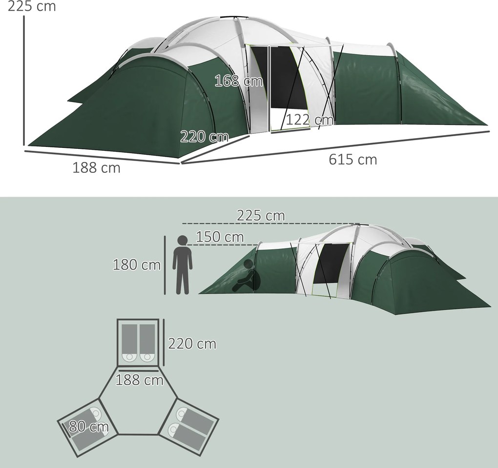 Outsunny Namiot Kempingowy dla 6-9 Osób, 4 Pomieszczenia, Wodoodporny, Przednamiot, 615x615x225cm, Zielony