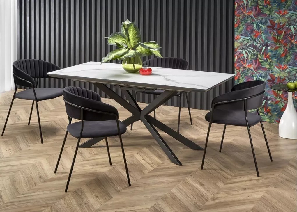Stół rozkładany Derby 160–200 cm biały marmur – ceramika / MDF lakierowany, nowoczesny glamour