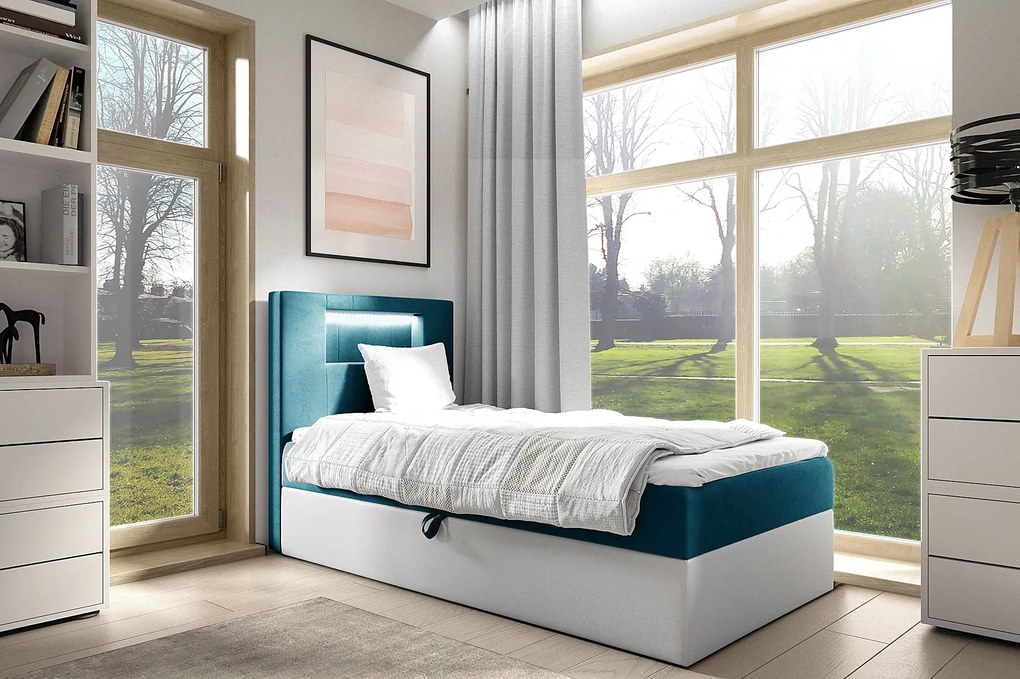 Niebieskie łóżko kontynentalne LED 3 rozmiary - Fenarro