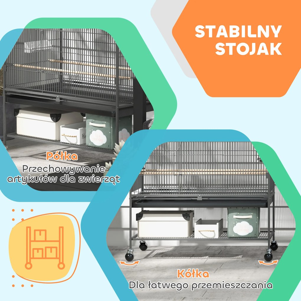 PawHut Klatka dla ptaków z drążkami siedziskowymi, zabawkami dla ptaków, wyjmowaną tacą na dnie, 1 półka, Szary