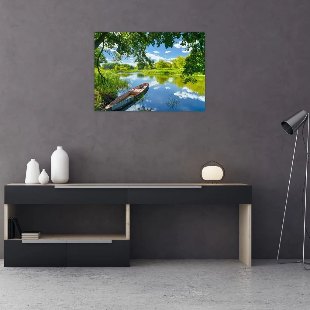 Obraz na szkle letniej rzeki z łodzią (70x50 cm)