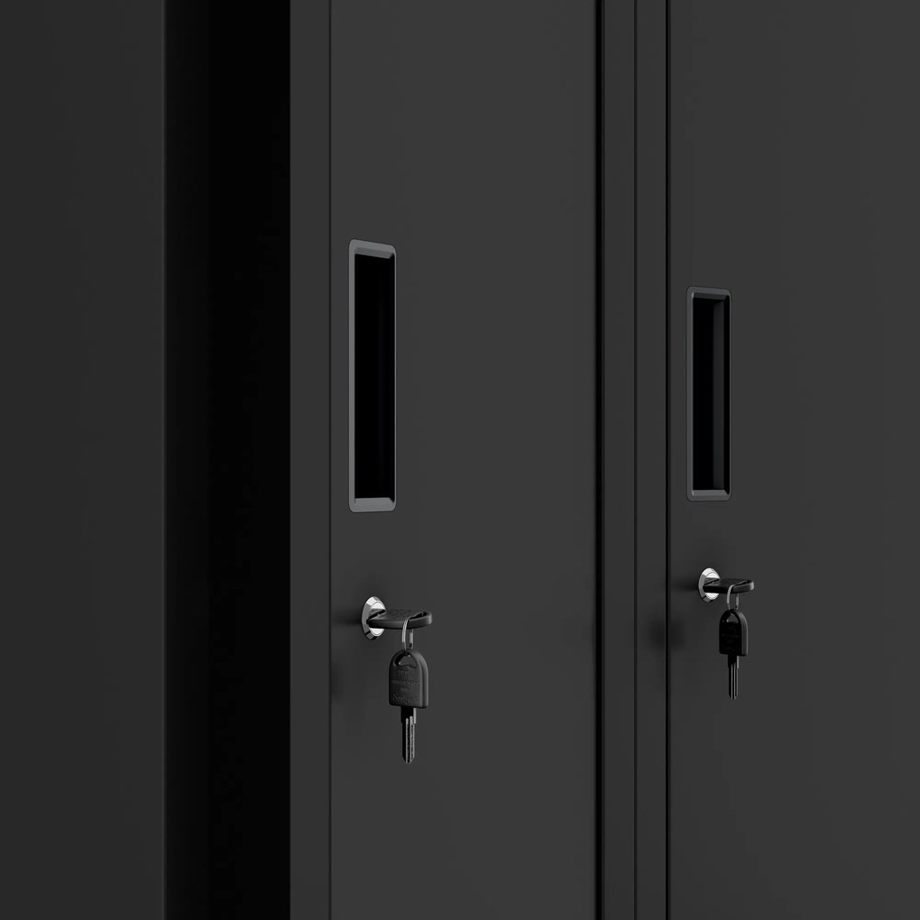 Szafka pracownicza metalowa czterokomorowa czarna: KACPER II, 600 x 1800 x 500 mm