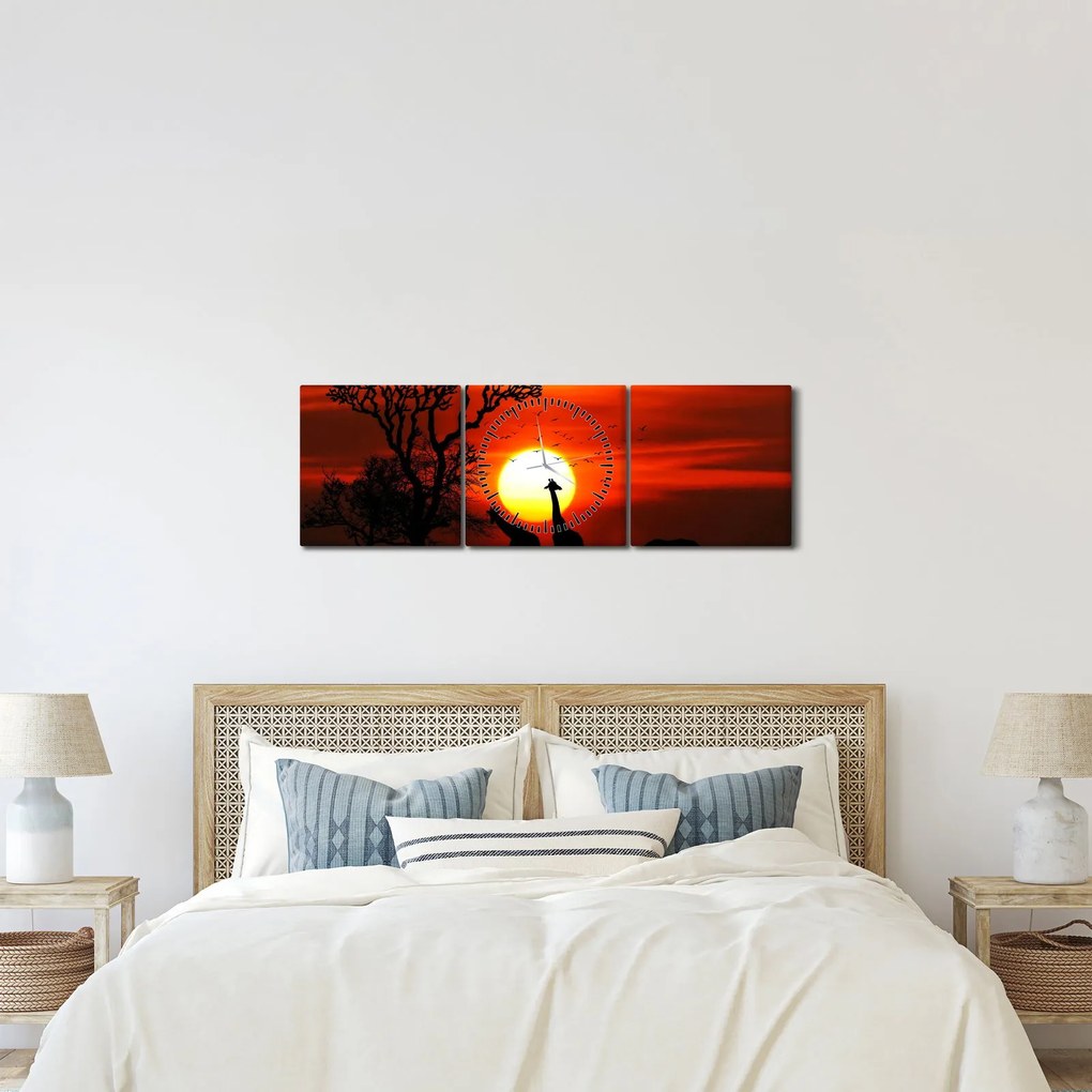Obraz - Sylwetki zwierząt o zachodzie słońca (z zegarem) (90x30 cm)