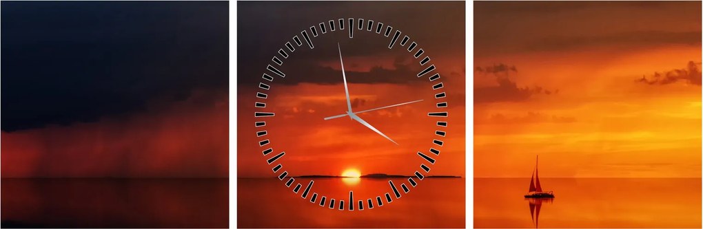 Obraz zachodu słońca z żaglówką (z zegarem) (90x30 cm)