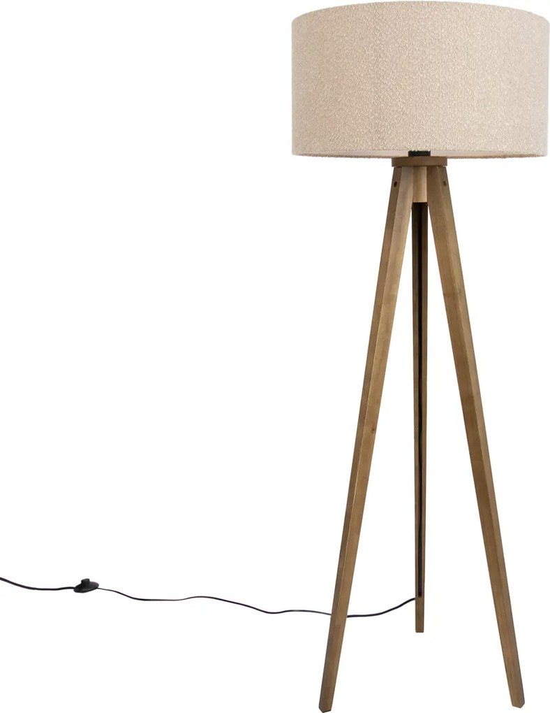 Vloerlamp hout met beige kap van teddy stof 50cm - Tripod Classic