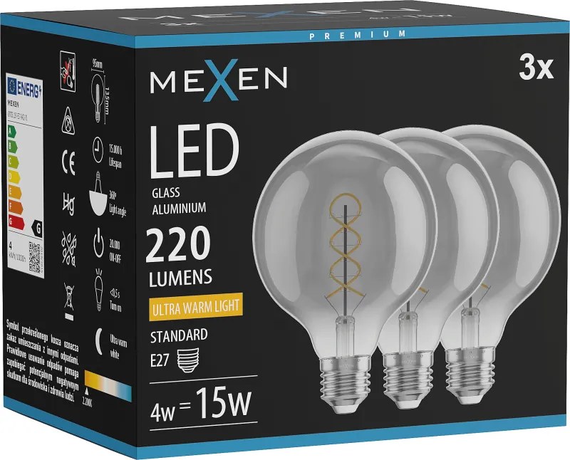 Mexen Vintis 3x żarówka filament spirala LED E27, G95, 4W, Ciepła - 2200K, 220 lm, smoke - L167-E27-0422-70x03