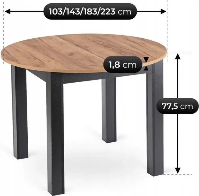 Stół Okrągły Rozkładany JAMES 103-223 cm Dąb Craft/Czarny Nowoczesny Loft