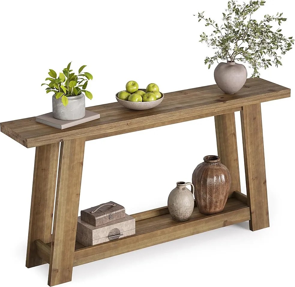 Konsola z litego drewna 160 cm, stół do przedpokoju w stylu rustykalnym z 2-poziomową półką