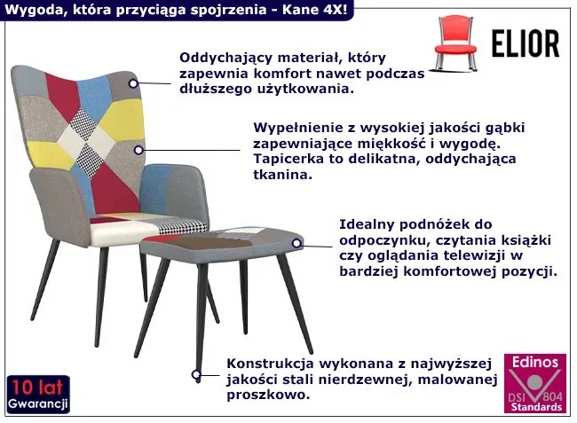 Patchworkowy nowoczesny fotel z podnóżkiem - Rippi 4X