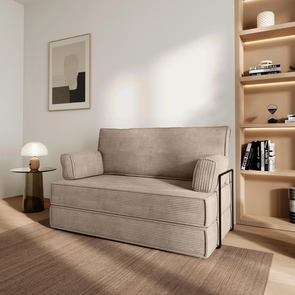 Masseno Sofa piankowa LADIA z funkcją spania, Kanapa z pianki do salonu, Bezmontażowa, Tkanina sztruksowa – Beżowy POSO 02