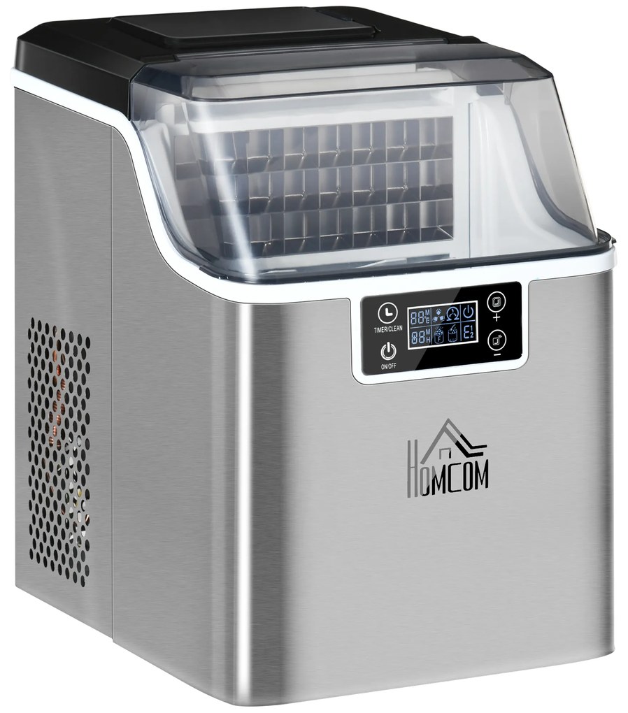 HOMCOM maszyna do lodu 20 kg/24h mała kryształarka lodu 2,3 l zbiornik wody 3,2 l stal nierdzewna srebrna 25,2x36x37,1 cm średniej wielkości  | Aosom PL