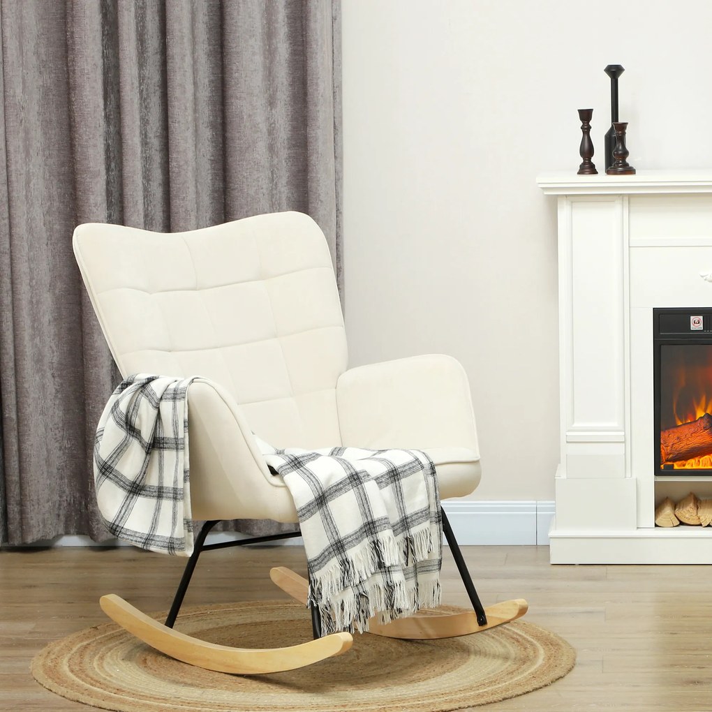 HOMCOM Fotel Bujany, Grube Wypełnienie, Szerokie Oparcie, Drewno Bukowe/Rama Stalowa, do 120 kg, Beżowy