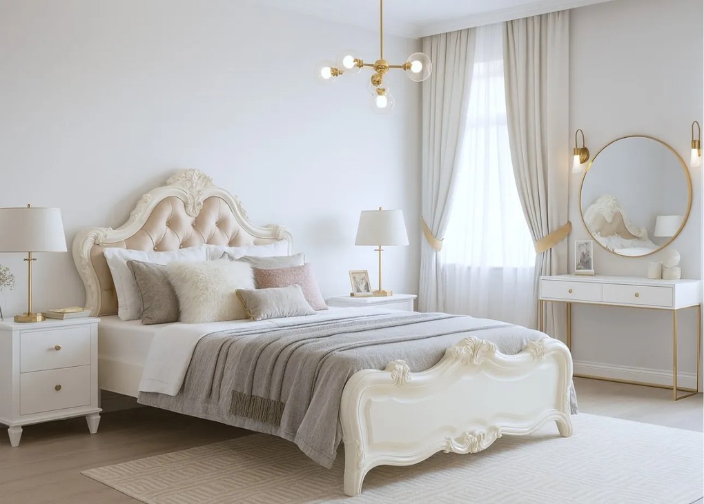 Łóżko z zagłówkiem w kształcie korony 120x200 cm Charme. Łóżko francuskie, zagłówek z kryształkami, rzeźbiony zanóżek, dekory w kształcie róży. Kolekcja La Perle.