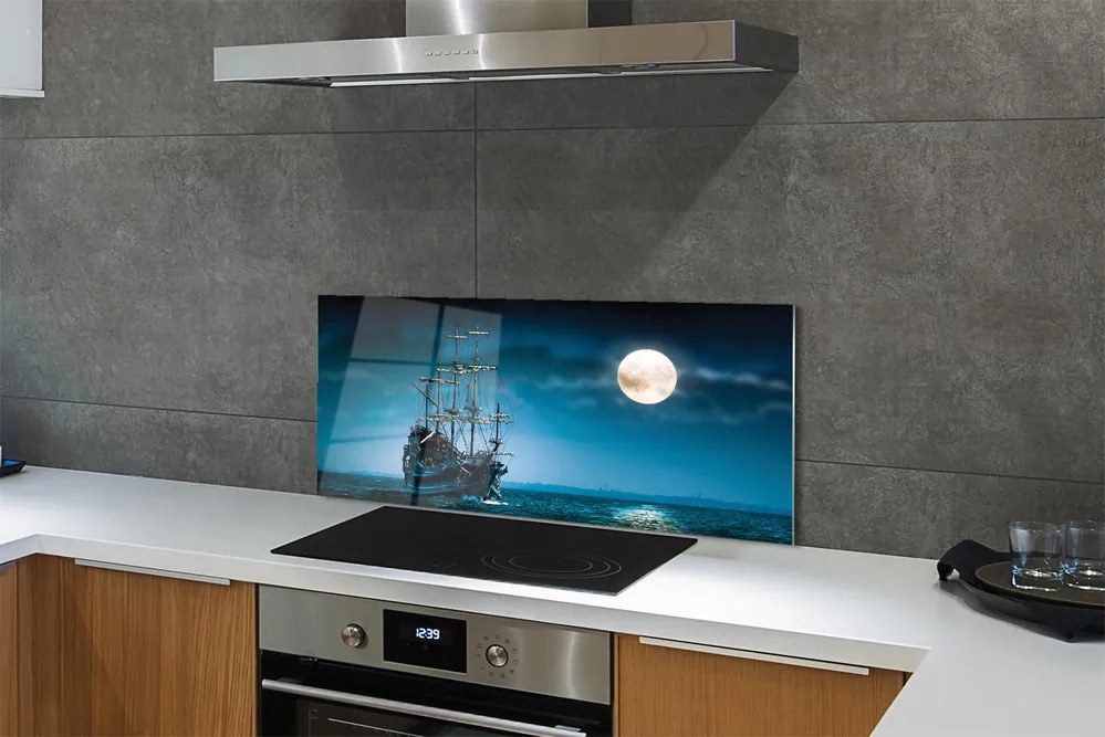 Szkło do Kuchni na Ścianę Statek nad Morzem w Blasku Księżyca