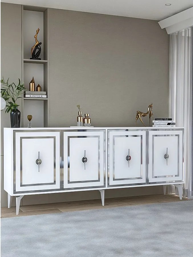 Komoda – 180 cm x 78,6 cm x 35 cm – Biały i srebrny – Płyta wiórowa pokryta melaminą