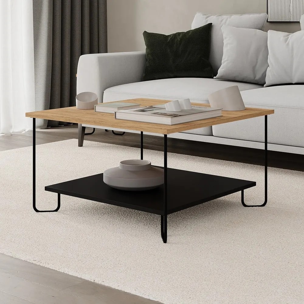 Czarny stolik z blatem w dekorze dębu 80x80 cm Tonka – Marckeric