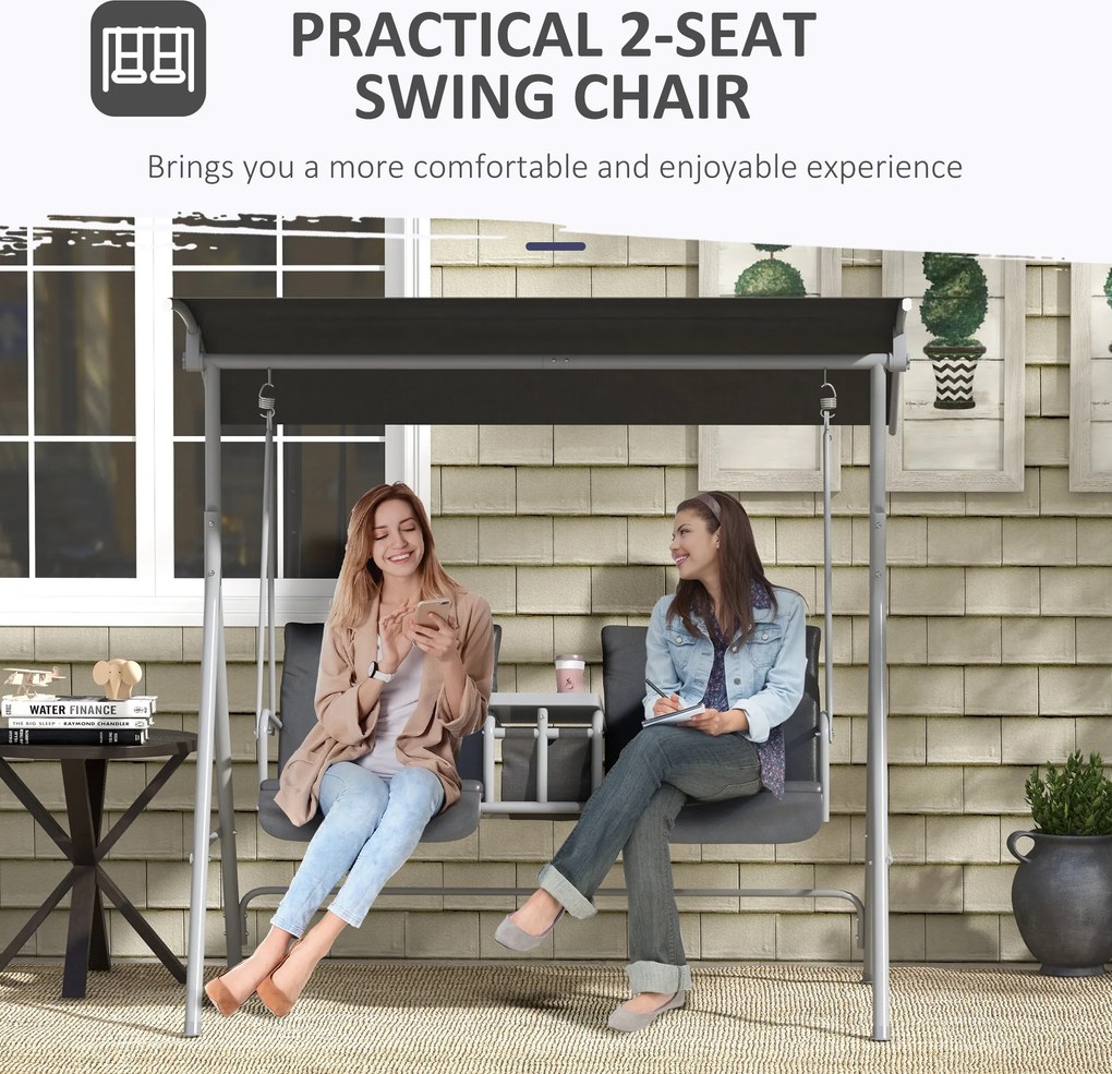 Outsunny Huśtawka Hollywood dla 2 osób z daszkiem i stolikiem, metalowa konstrukcja, do 180 kg, 175x110x165 cm, Czarny