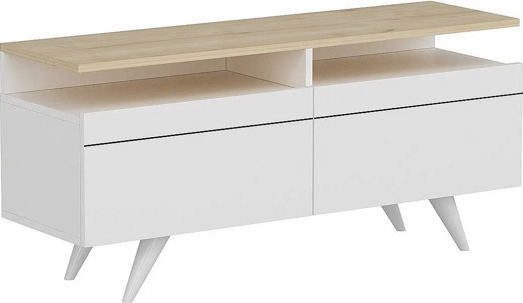 Stojak pod TV – 120 cm x 52 cm x 35 cm – Dąb i biel – Płyta wiórowa