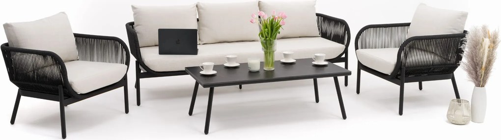 zestaw mebli ogrodowych wypoczynkowy BELIZE LUX - beżowy ze stołem z blatem HPL - CARRARA BLACK