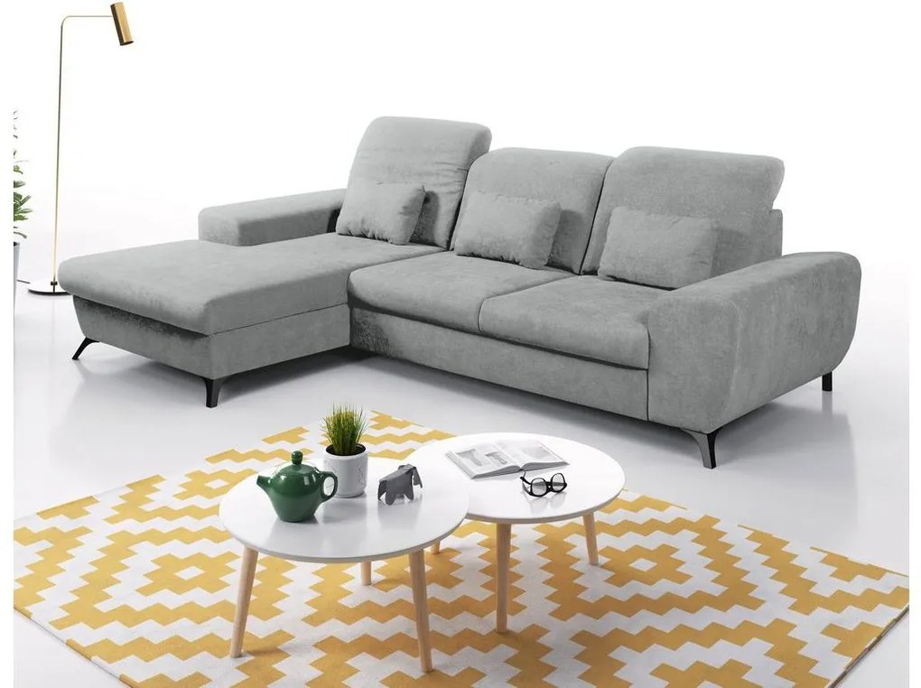 Rozkładany narożnik tapicerowany z pojemnikiem na pościel w układzie L ALTA lewy szary