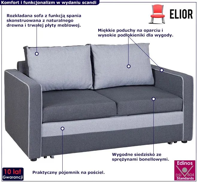 Popielata rozkładana sofa z pojemnikiem - Irlo