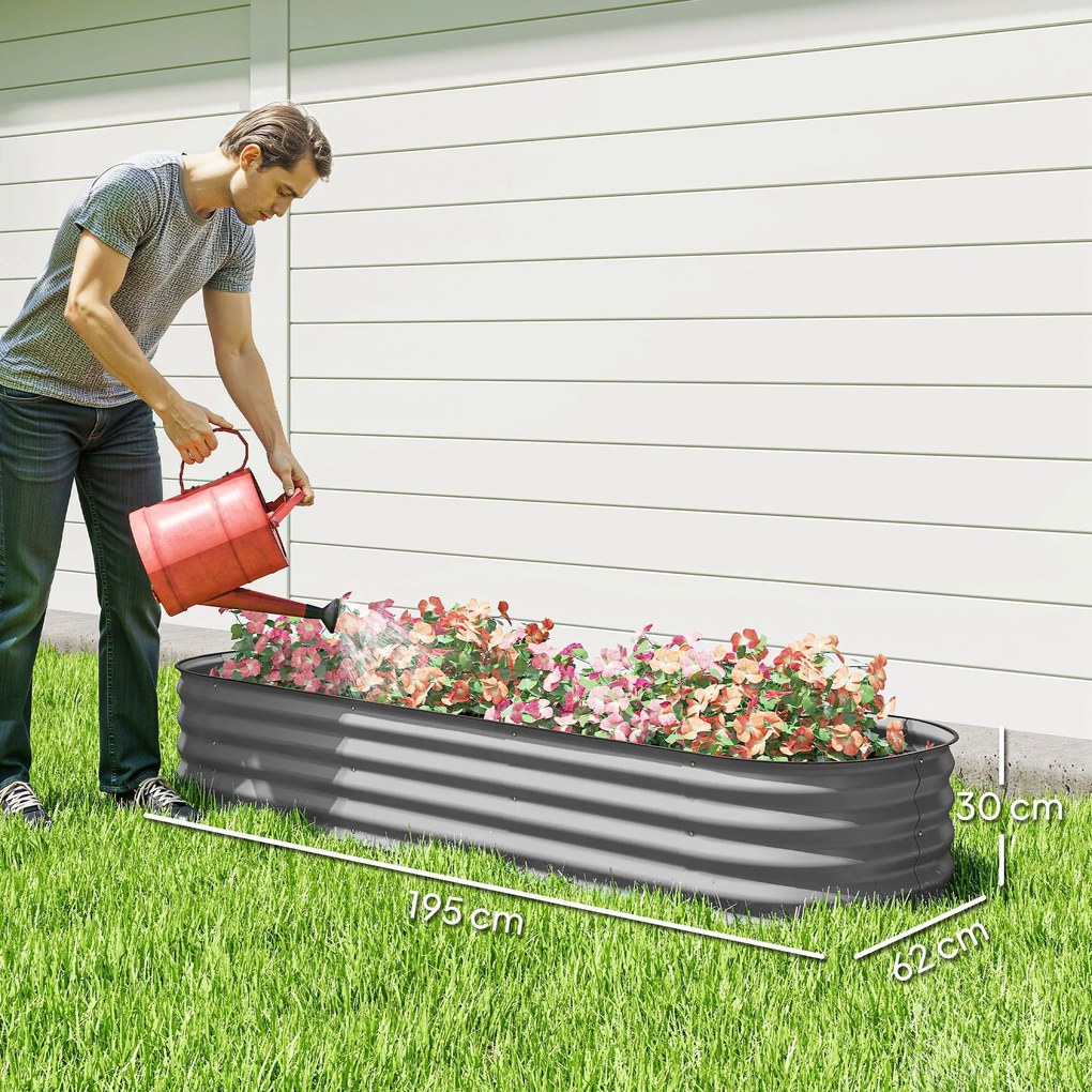 Outsunny Podwyższone łóżko na rośliny, modułowe łóżko ogrodowe, chronione krawędzie, design bez dna, 195 x 62 x 30 cm, Srebrny