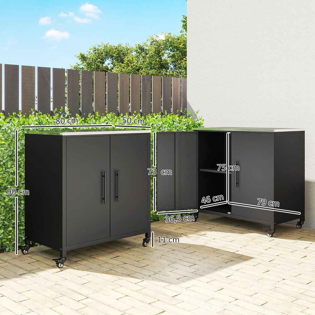 Outsunny Szafka ogrodowa z blatem do przesadzania, powierzchnią roboczą ze stali nierdzewnej, wyjmowaną półką, magnetycznymi drzwiami i kółkami | Aosom PL