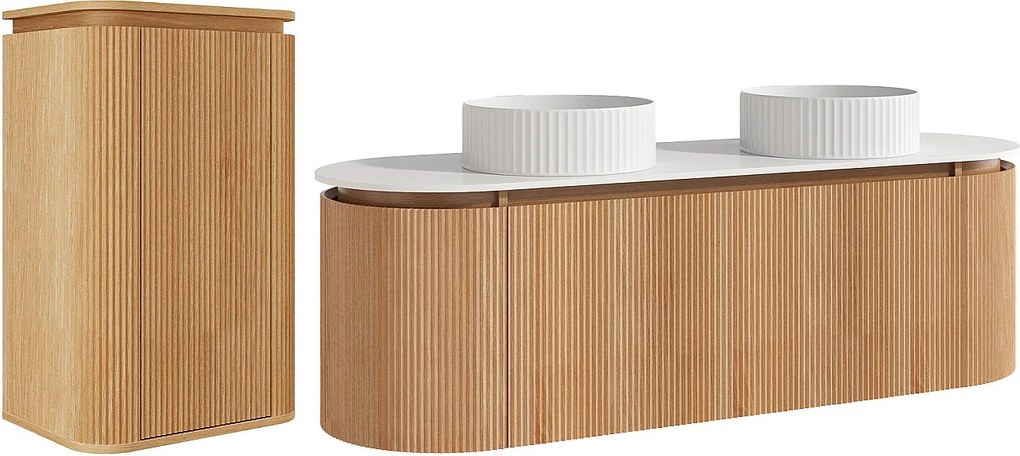 Wisząca ryflowana szafka łazienkowa z drewna jesionowego z okrągłą ryflowaną umywalką nablatową i słupkiem – jasny naturalny – szer. 150 cm – LILIKO