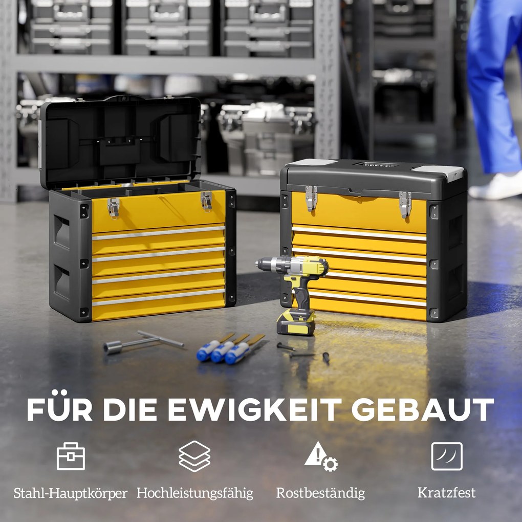 HOMCOM Pusta skrzynka na narzędzia, 49,7 x 25,3 x 40,7 cm, kufer z 4 szufladami, mini-pojemnik, stal, żółta | Aosom PL