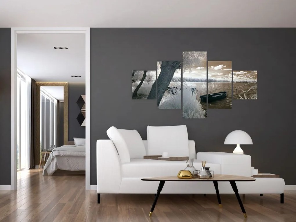 Obraz łodzi na jeziorze (125x70 cm)