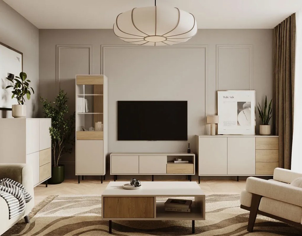 Komplet mebli do salonu z witryną kaszmir + dąb artisan L8-W19