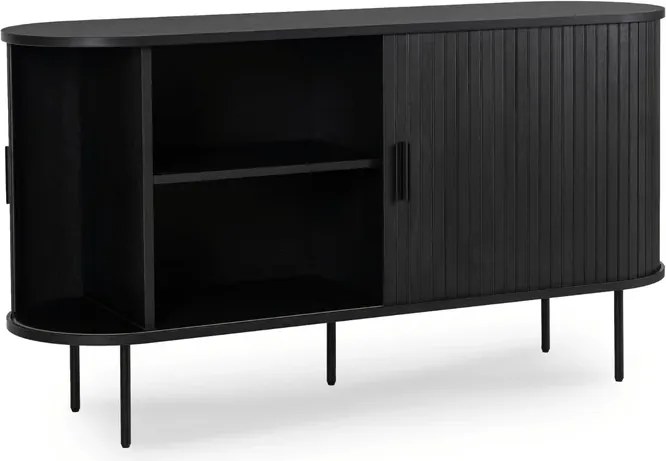 Komoda do Salonu Rozsuwana TRISH 140 cm Czarna Dwudrzwiowa Ryflowana Japandi