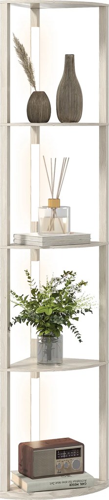 HOMCOM Lampa stojąca LED, regał narożny, ściemnialna, 4 półki, ciepłe światło, 41x30x164 cm, dąb