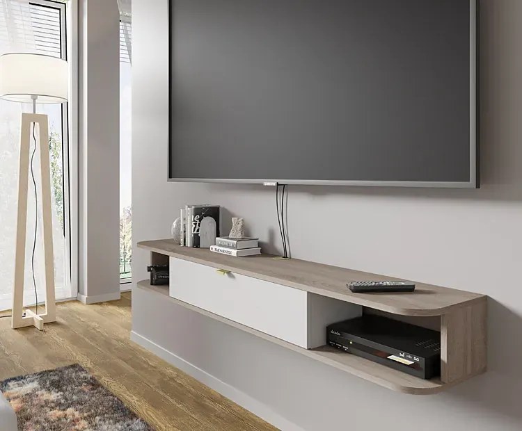 Wisząca szafka pod TV dąb sonoma + biały - Calmero