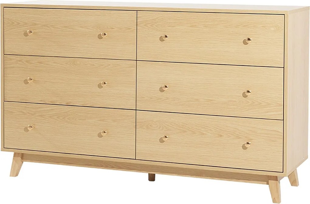 Komoda 6 Szuflad SucceBuy, Drewno, System Przesuwny/Przeciwprzechyleniowy, Styl Nowoczesny, Organizer do Szafy, Salon/Korytarz/Sypialnia/Przedpokój, Jasne Drewno