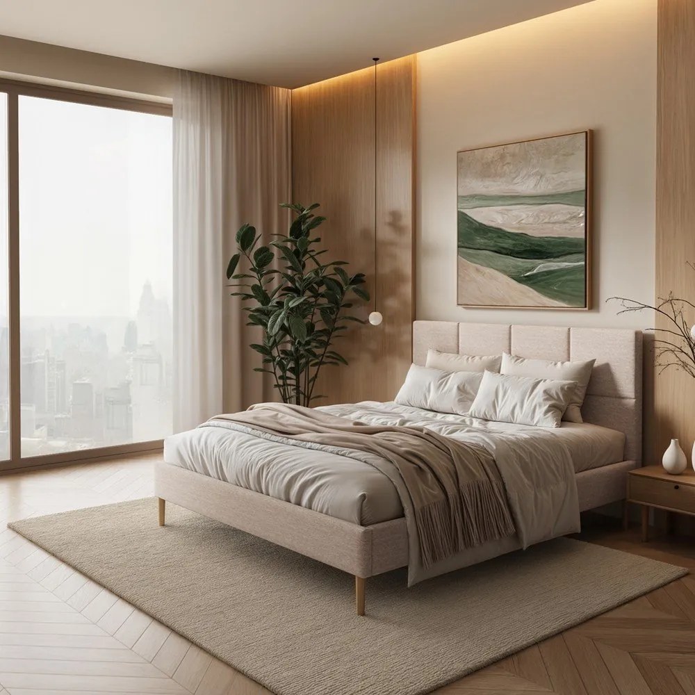 Kremowe tapicerowane łóżko dwuosobowe ze stelażem 140x200 cm Alano – MESONICA