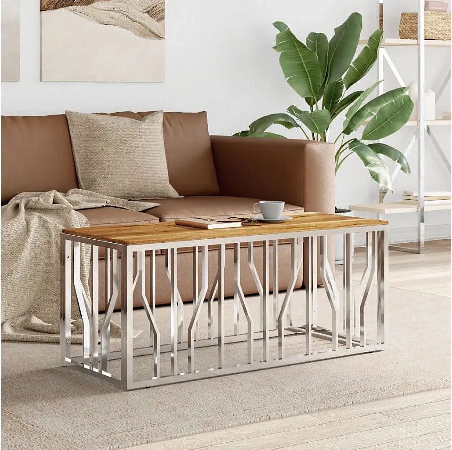 Nowoczesny i solidny srebrny stolik kawowy ze stali nierdzewnej i litego drewna akacjowego