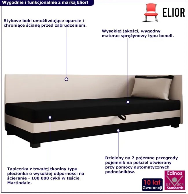 Młodzieżowy tapczan z pojemnikiem czarny + ecru G9-W35