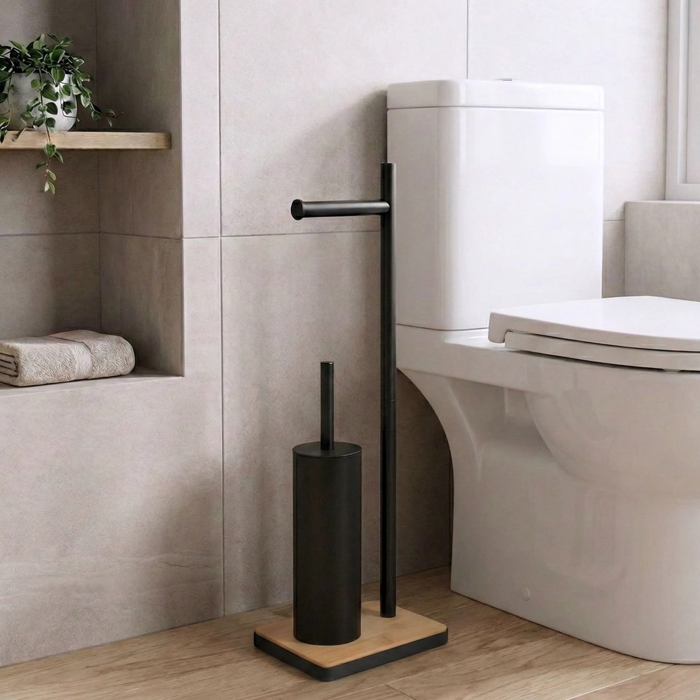 Szczotka do WC z uchwytem na papier toaletowy i bambusową podstawką IVLO, 65 cm