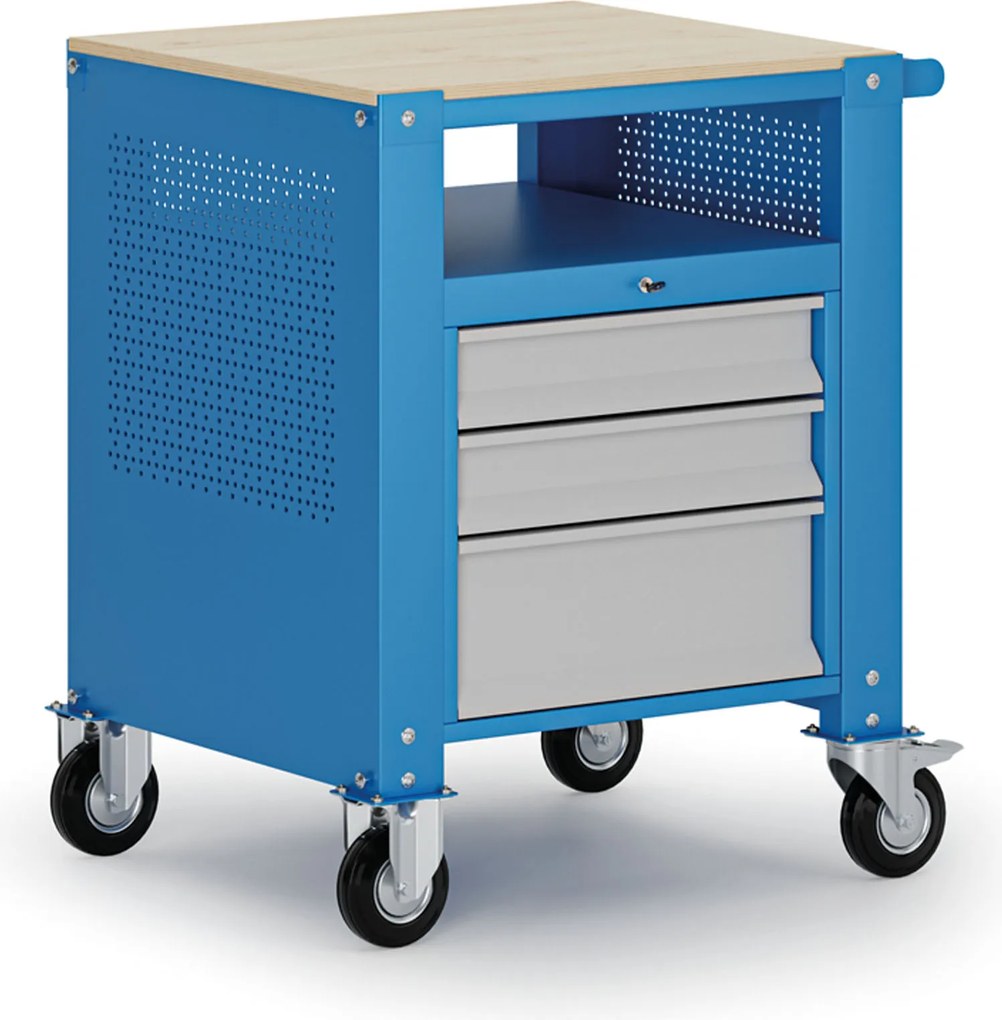 Mobilny kontener G9, 1 półka, 3 szuflady, 675 x 595 x 865-1130 mm, szary/niebieski